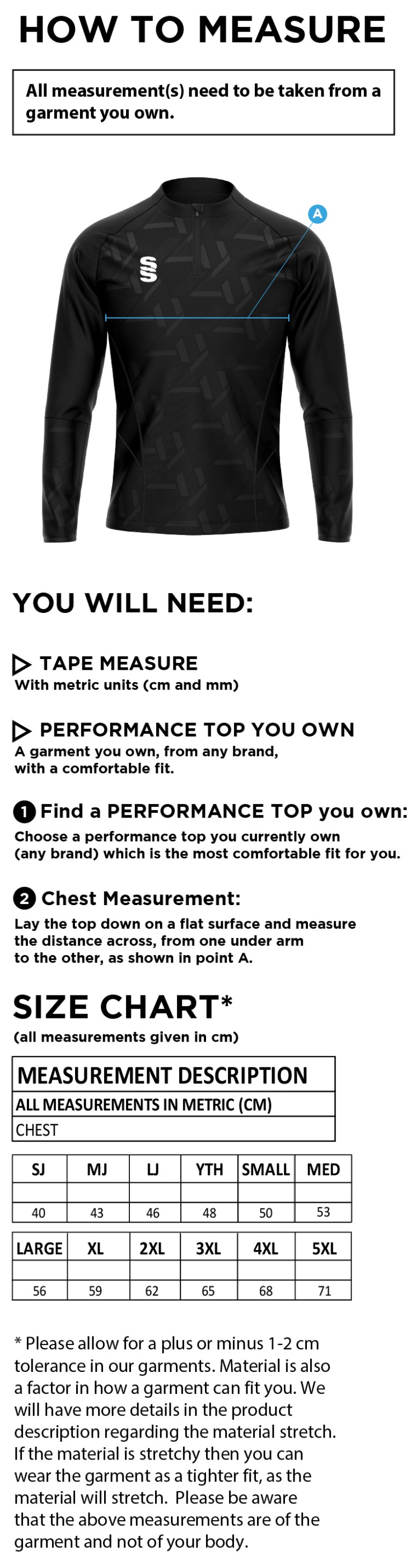 Impact 1/4 Zip Performance Top : Navy (no sponsor) - Size Guide