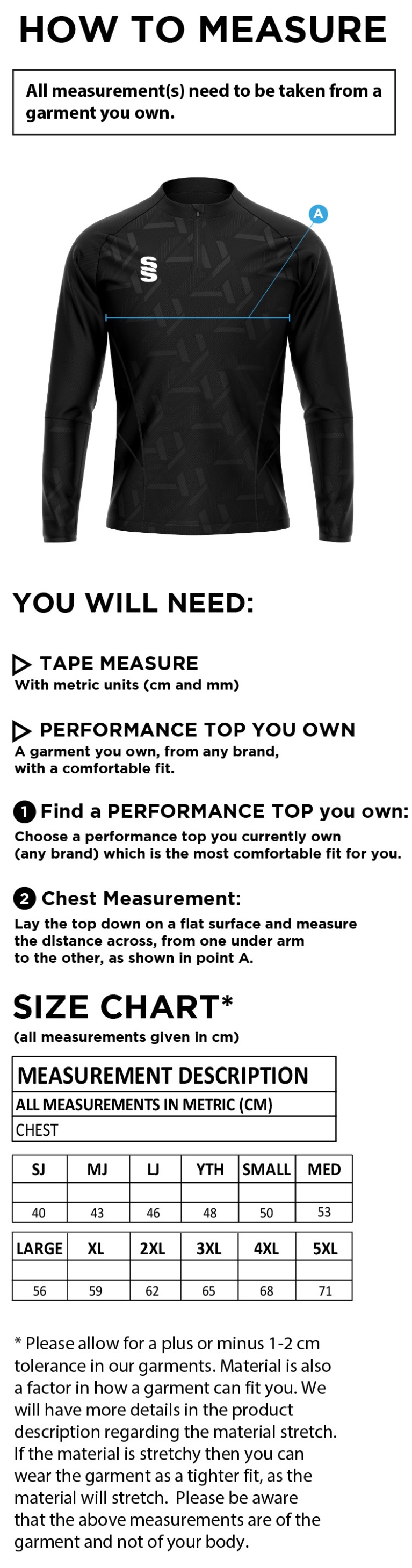 Impact 1/4 Zip Performance Top : Navy - Size Guide