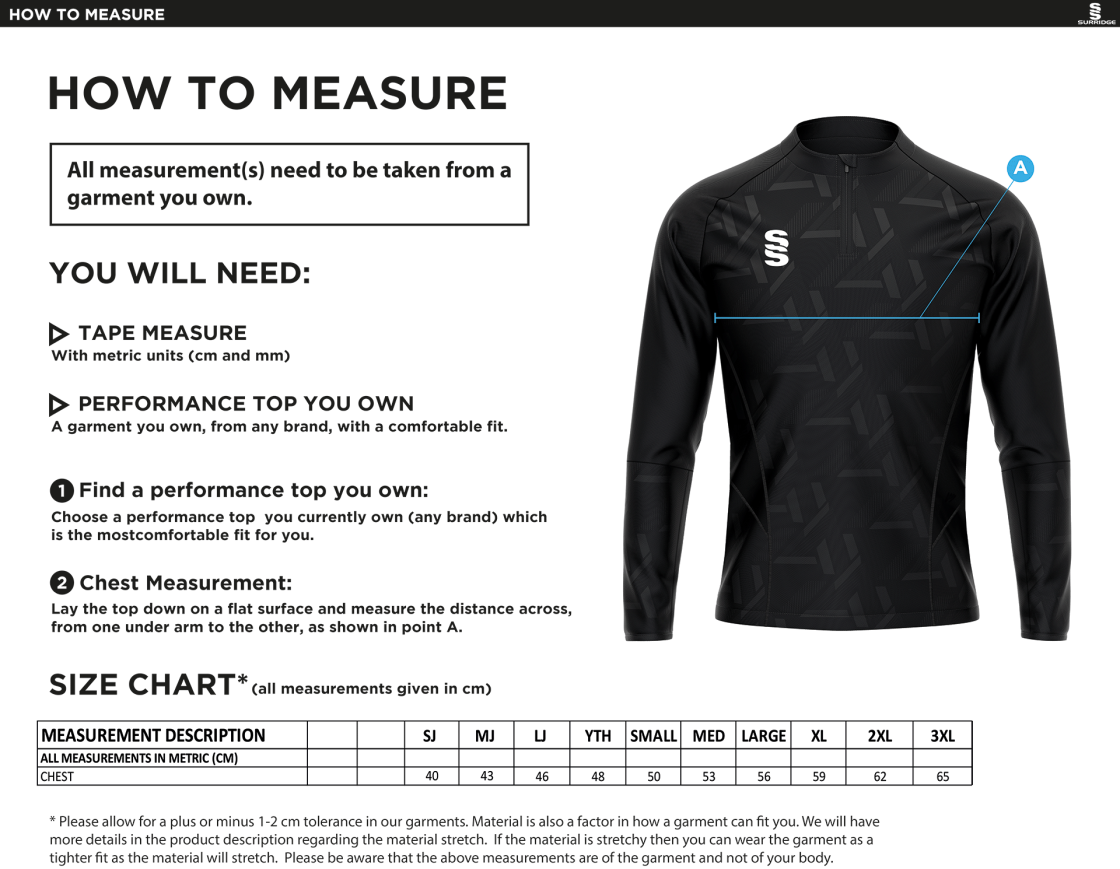 Impact 1/4 Zip Performance Top : Navy (no sponsor) - Size Guide