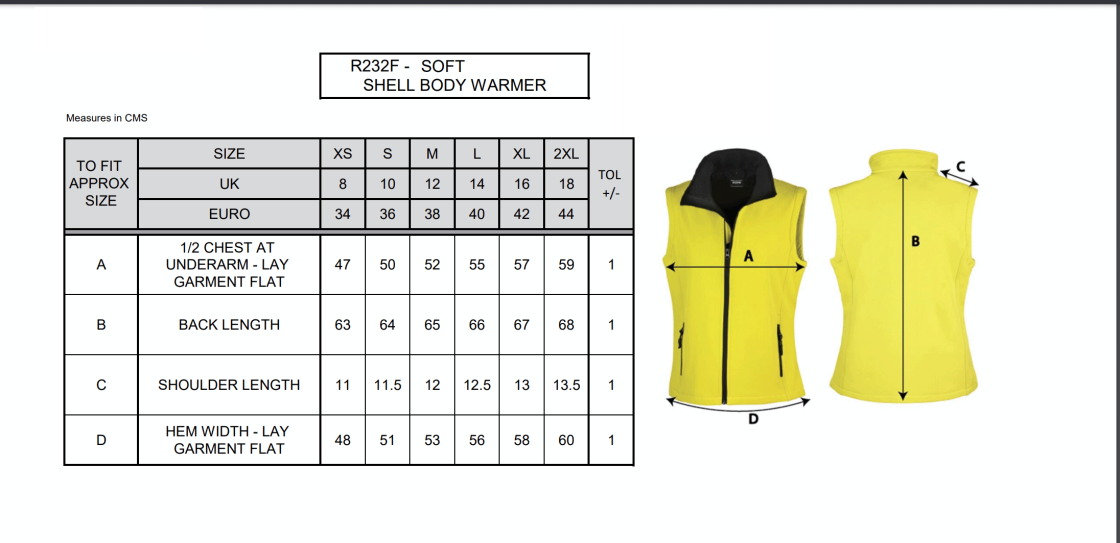 Women's Softshell Gilet (Bowling) - Size Guide