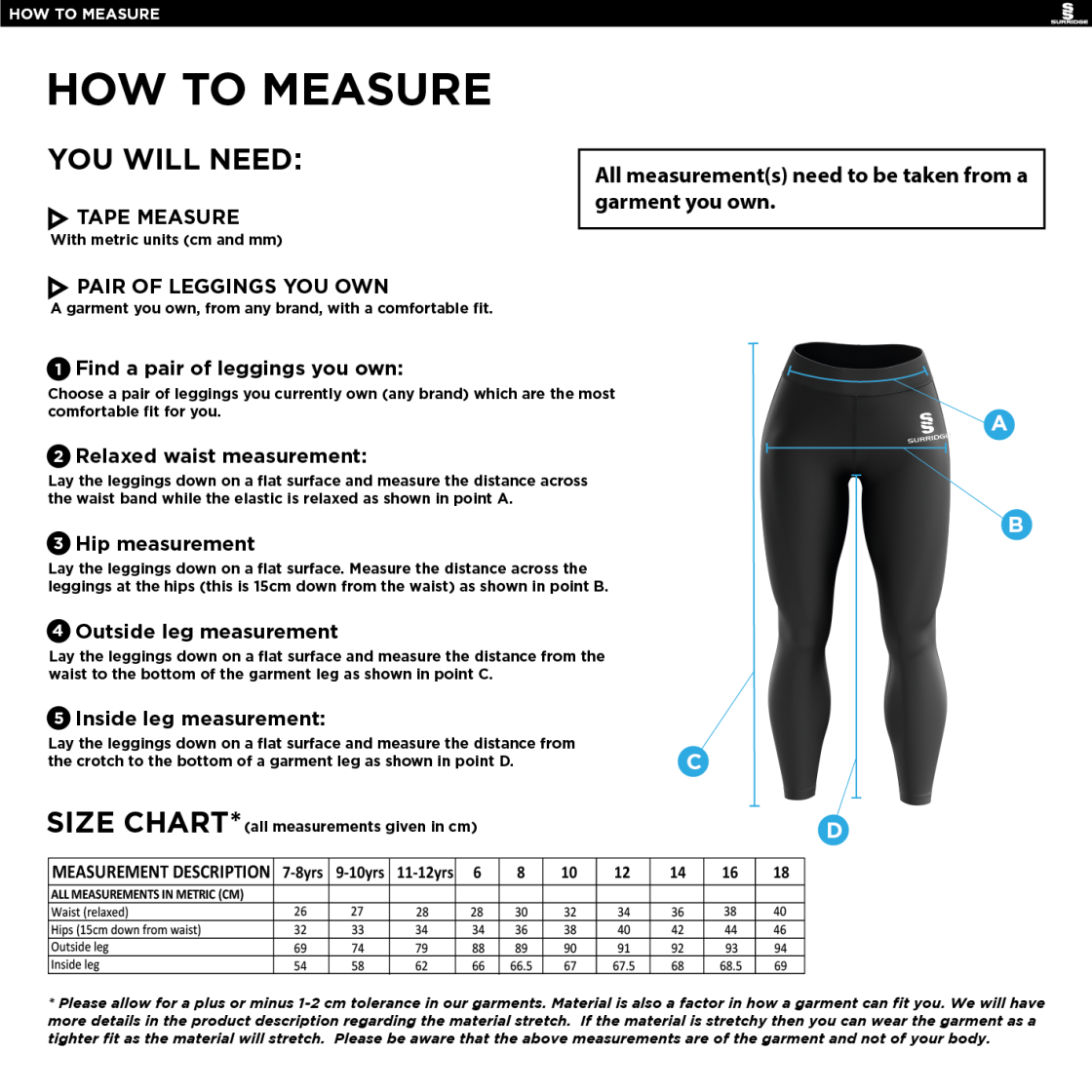 Slaithwaite CC Performance Full Length Leggings : Navy - Size Guide