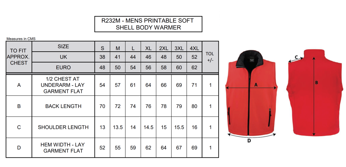 Men's Softshell Gilet (Bowling) - Size Guide